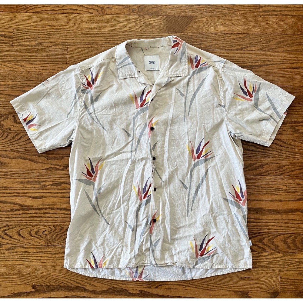 Katin Mens Bird of Paradise Floral Tropical Button Up Shirt Ivory Large